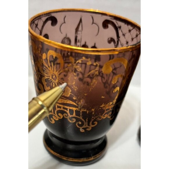 Vintage Decanter Cordial Set with 6 Shot Glasses Amethyst Purple and Gold Gilt - Picture 9 of 10